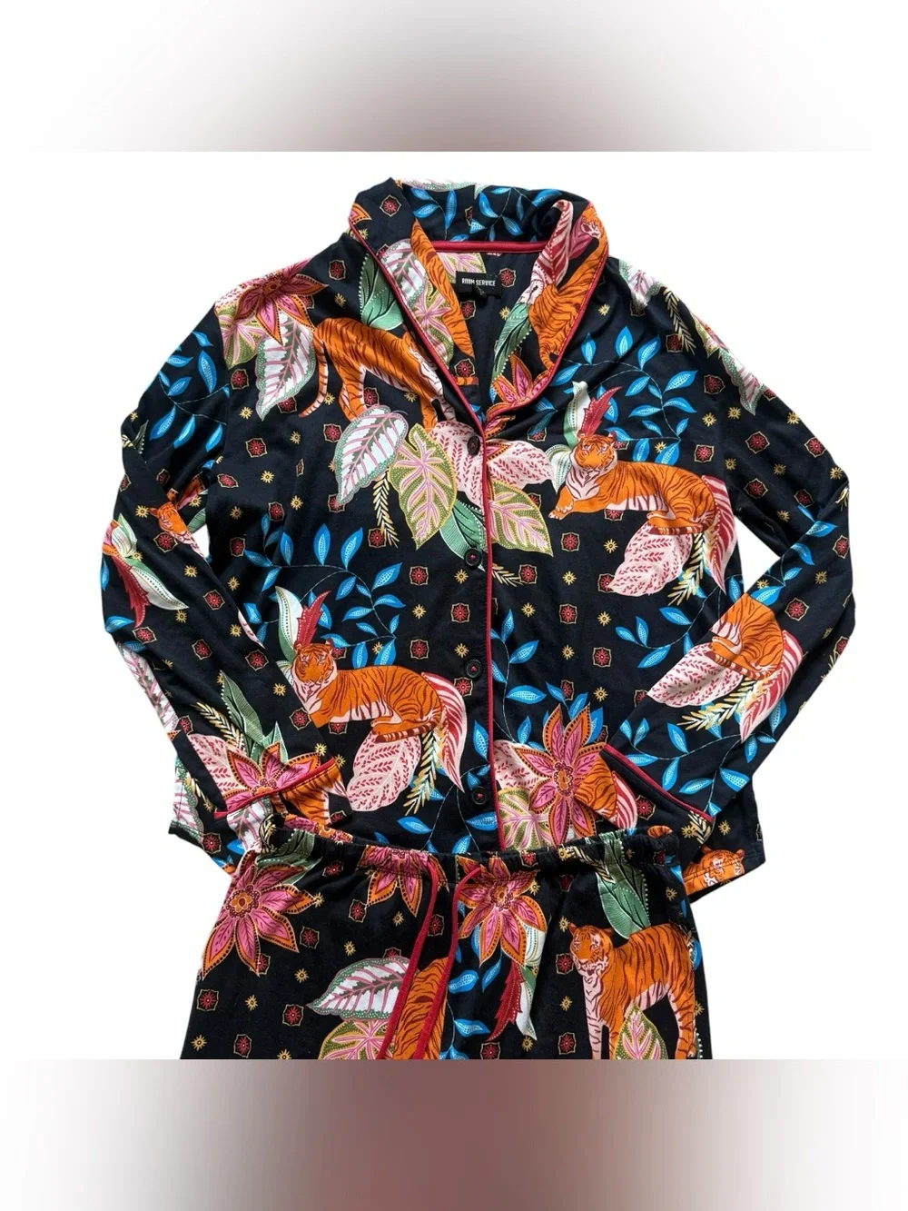 Room Service Tiger Floral Pajama Set Black Button Front Lounge Sleepwear S Cozy